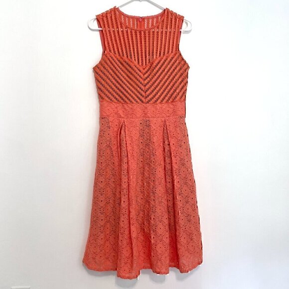 NEW YORK COMPANY NY&CO Eyelet Fit Flare Dress Coral Orange Pink Sleeveless Midi - Picture 2 of 13